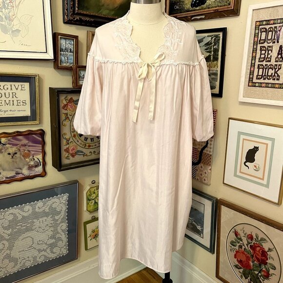 80s Vintage Miss Dior Light Pink Satin Balloon Sleeve Deep-V Midi Nightgown M - Picture 1 of 9